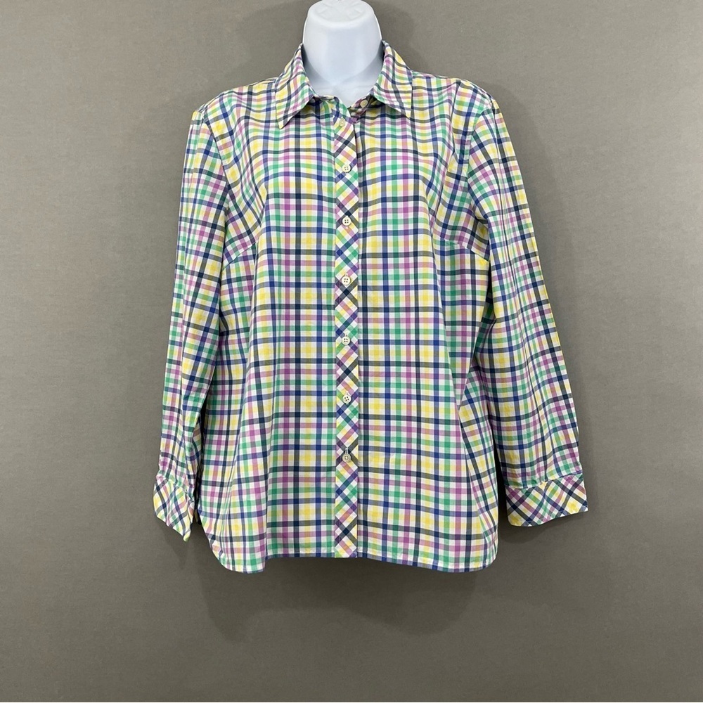 Talbots Multicolor Check Button Front Cotton Long Sleeve Shirt